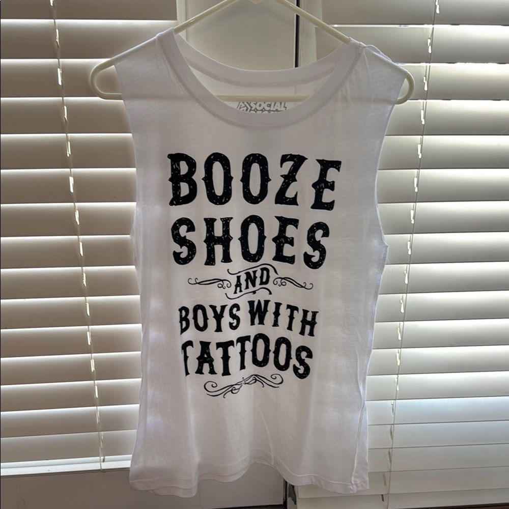 White Tank Top with Bold Black Text